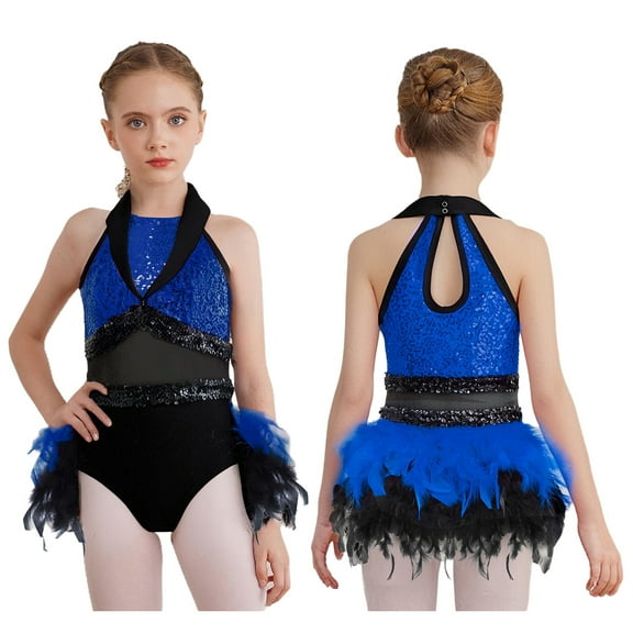 iixpin Kids Girls Latin Jazz Tulle Skirted Bodysuit Sequin Ballroom Dancewear Feather Ballet Dance Leotard Royal Blue 8