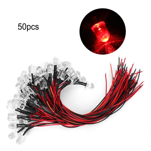 50 unidades de diodo luminoso LED precableado de 12 V, componente electrónico de cuentas de luz de cabeza redonda de 10 mm, color rojo