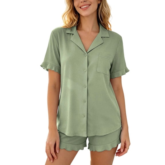 QINGFSAP Womens Pajama Set Short Sleeve Button Down Shirt and Ruffle Hem Shorts Lounge Wear