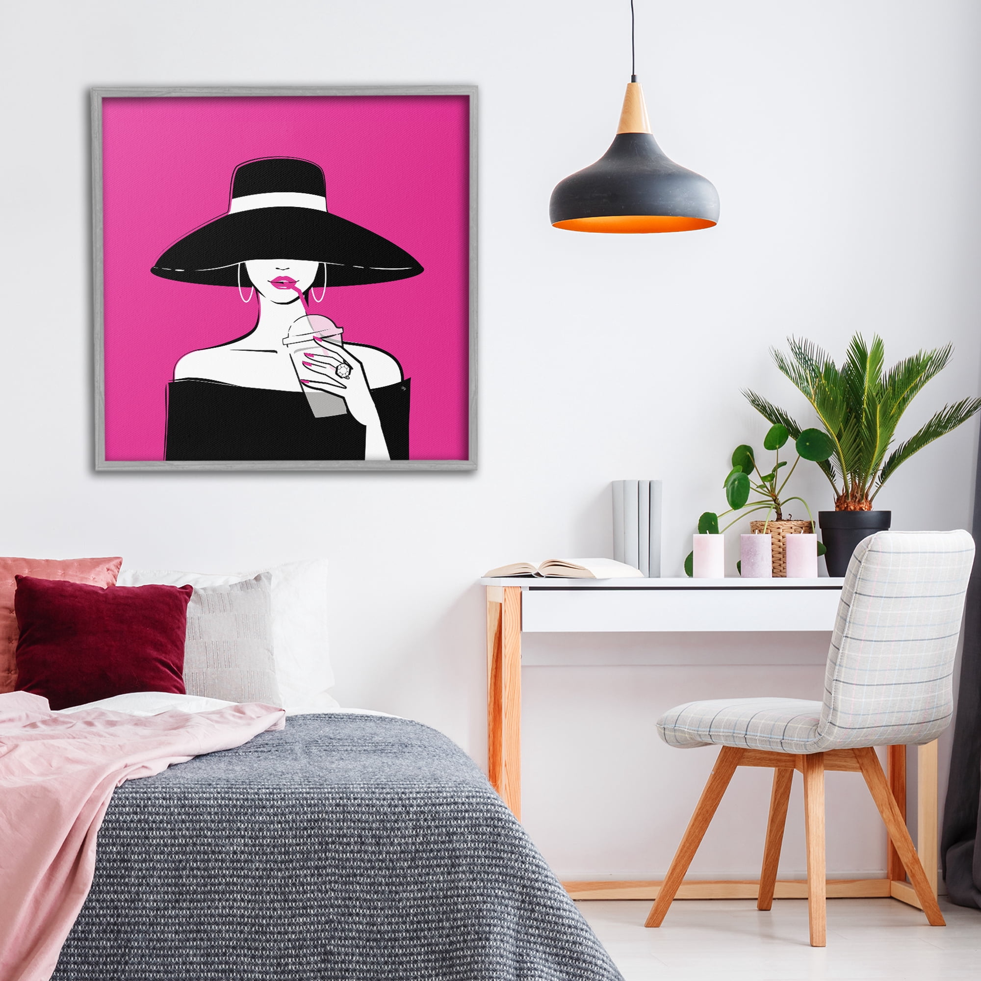 Stupell Industries Black Hat Glamourous Woman Gray Framed Giclee Art, design by Martina Pavlova