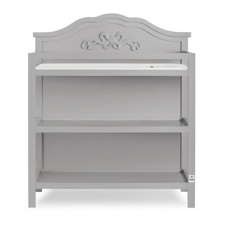UPC: 0810063664466 | Dream On Me Jasmine Changing Table with Fixed Shelves Platinum 1 Mattress Pad Safety Strap