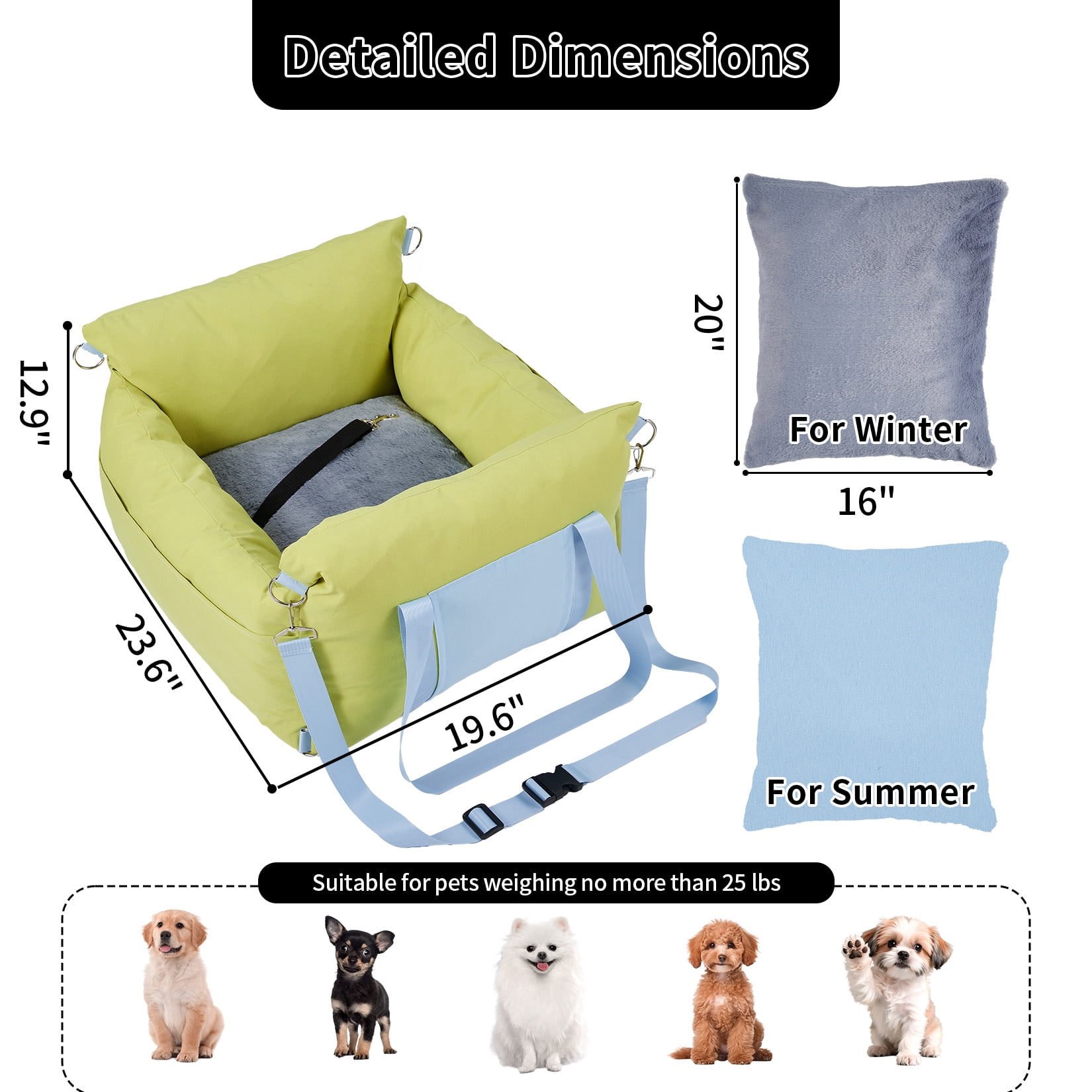 Dog Car Seat for Small Dogs, Waterproof Booster Seat with Safety Leash, Portable Pet Travel Bed with Storage Pockets, Non-Slip Bottom for Front & Back Seat (Green, 23.6 x 19.7 x 13 in)