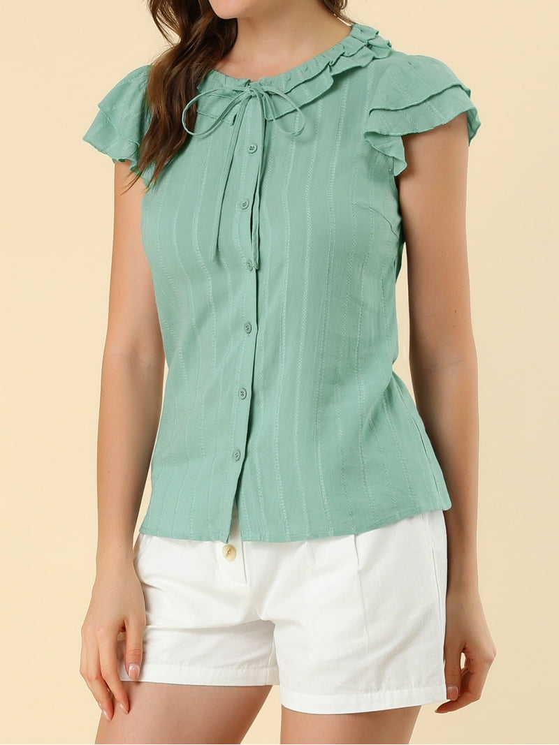 w ribbon check blouse レディース INSPIRE CHIC Women's Flutter Sleeve Button Front Ruffle Neck