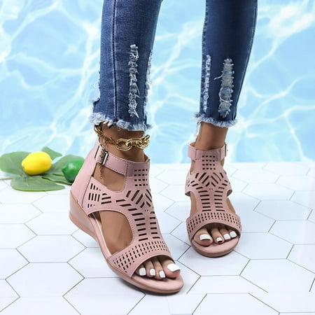 

Sunvit Women s Heeled Sandals- Casual Buckle Wedge Heel New Style Summer Sandals #9 Pink-6.5