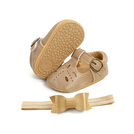 

Gomelly Baby Girls Crib Shoes First Walker Shoes Toddler Flats T-Strap Princess Shoe Hollow Out Shoes Vintage Flats Breathable Casual Shoes Khaki with Headband 6C
