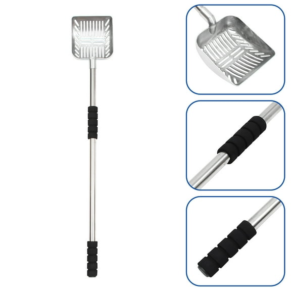 jojofuny 1Pcs Black Metal Cat Litter Scoop Telescopic Long Handle for Odor Prevention and Sturdy Durability 14In