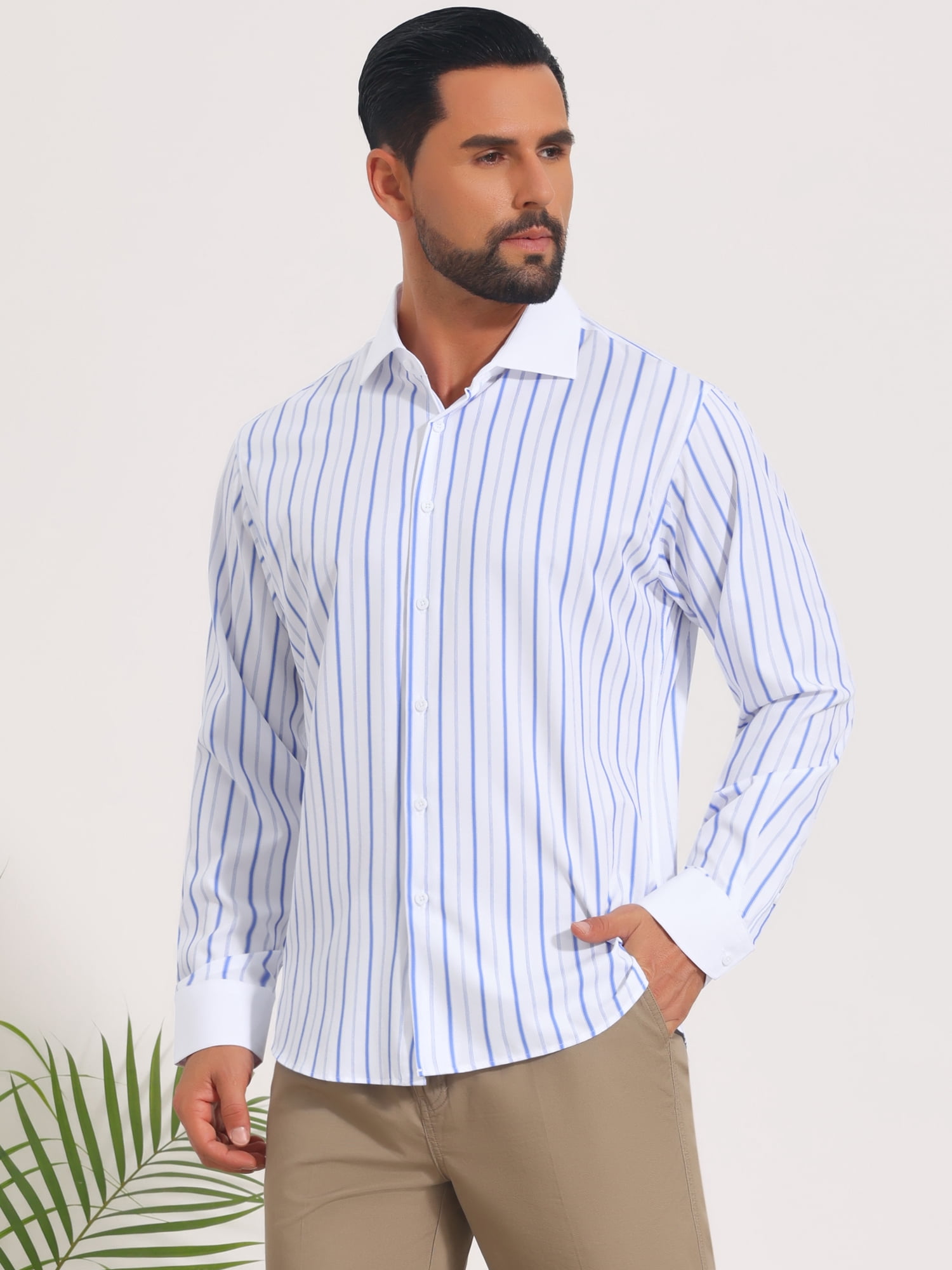 DARING DIVA Men's Striped Button Down Long Sleeve Stretch Shirts M Light Blue