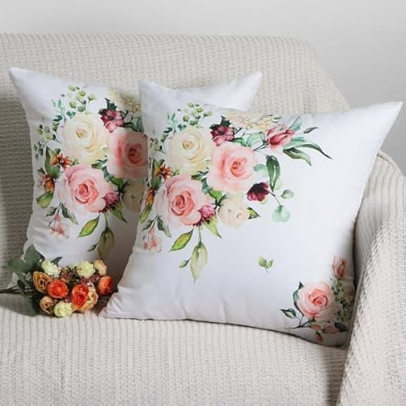 Eryueer Set of 2 Cushion Covers 45x45 cm White with Flowers Print Decorative Throw Pillow Covers Square Cushion Case Home Decor Pillowcases for Couch Sofa Living Room Bed, Flowers, 502-0028