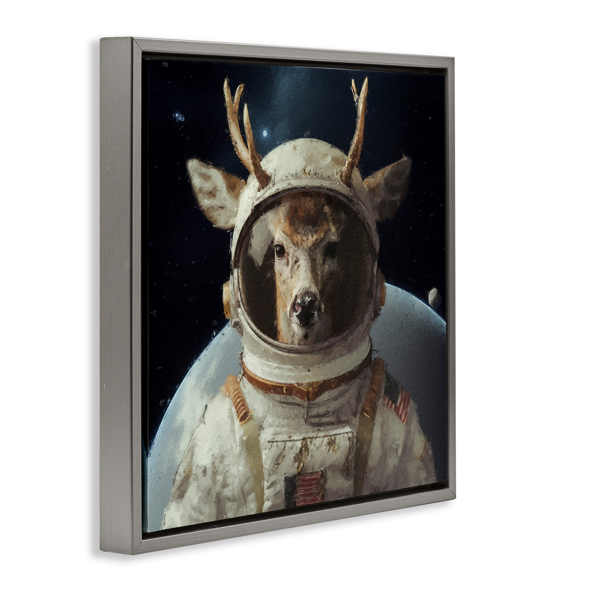 Stupell Industries Space Astronaut Deer Astrology & Stars Painting Gray Floater Framed Canvas Art Print Wall Art, 25 x 25