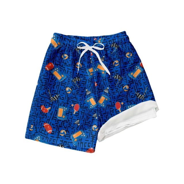 Huanglei Boys Swim Trunks With Sports Print Volleyball Badminton Football Design For Beach Pool Summer Activities ,7-8 Years