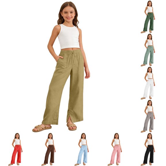Weebloom Girl Wide Leg Pants Uniform Dress Pants Cotton Linen Casual Pants Soft Stretch Trousers With Elastic Waist Beach Pants For Kids With Pockets Khaki 13-14 Years