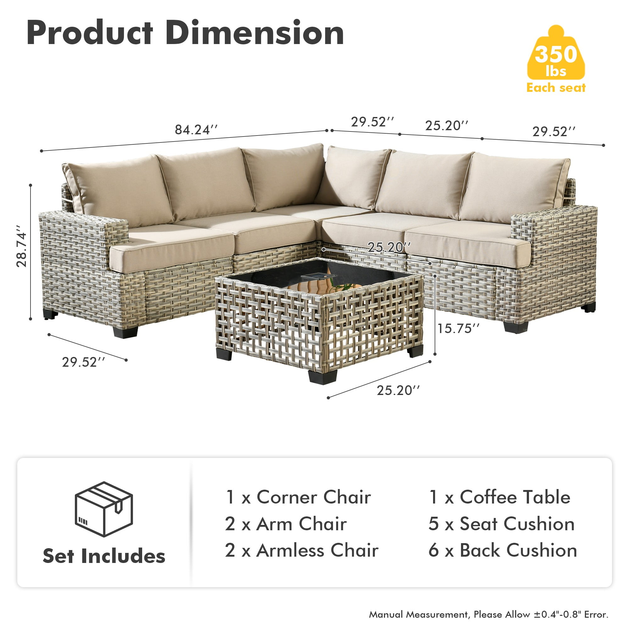 XIZZI 6-Piece Outdoor Patio Sectional Furniture Sets, Wicker Patio furniture with Coffee Table and Cushions, Waterproof Outdoor Conversation Set for Balcony, Porch, Backyard,Beige