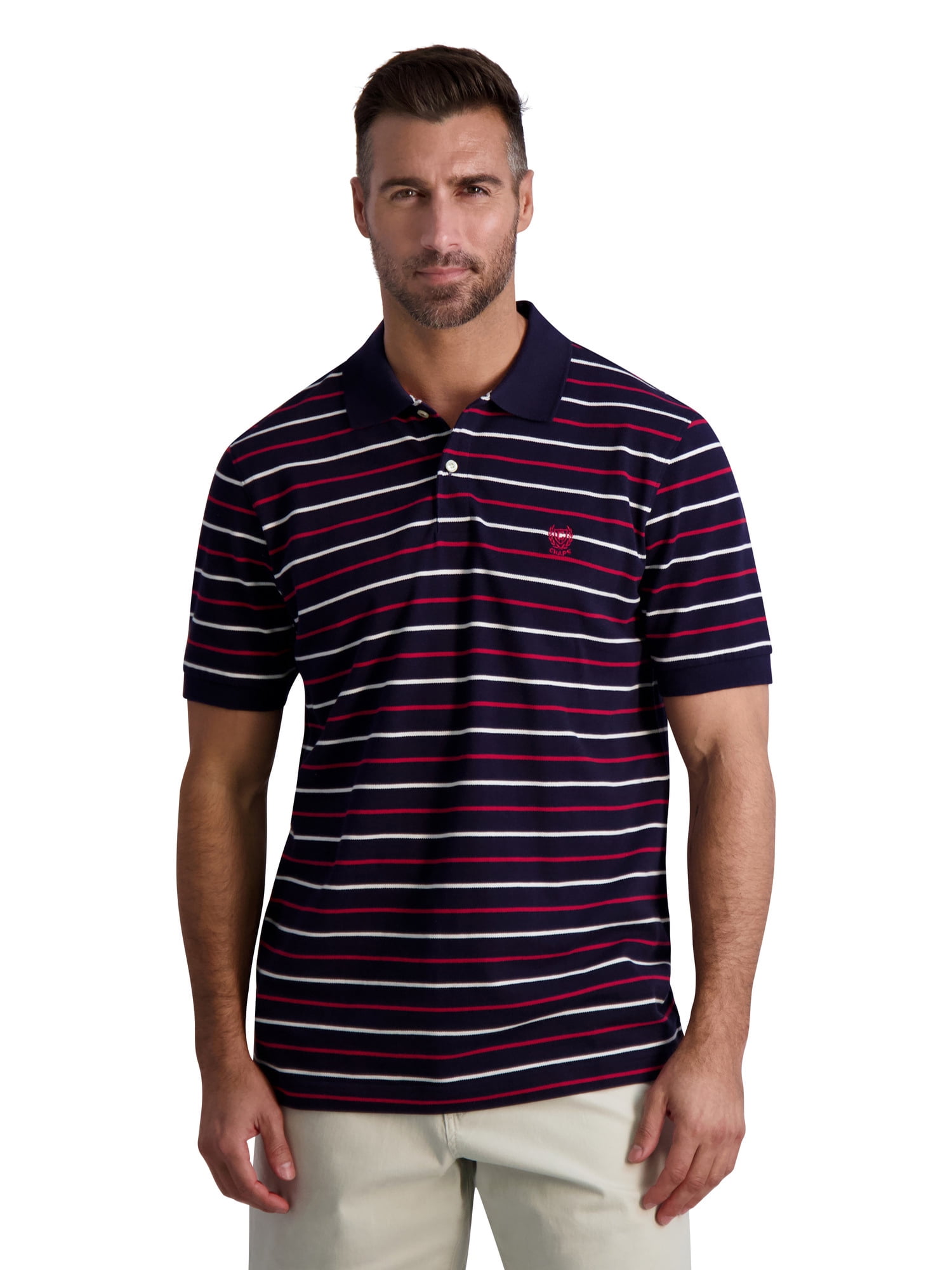 Chaps Men’s Classic Fit Short Sleeve Cotton Everyday Striped Pique Polo