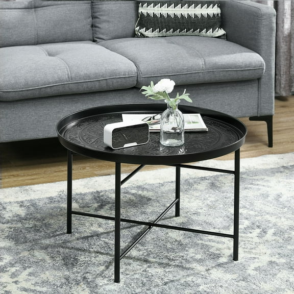 HOMCOM 24" Round Coffee Table with Hammered Tray Top & Metal Frame, Black
