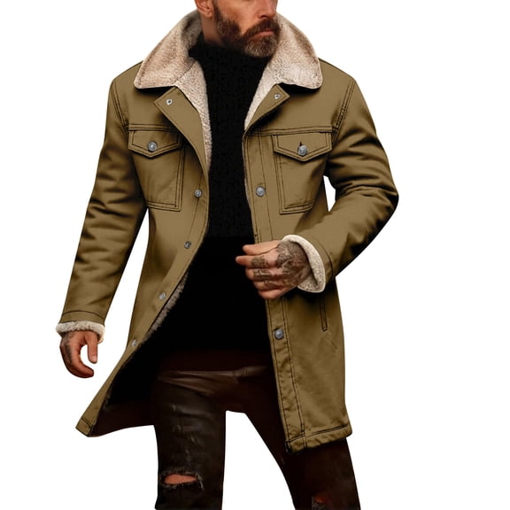 Hogleaql Vintage Suede Jacket for Men Plush Retro Warm Reversed Collar Long Sleeve Jacket Multi-Pocket Full Zip Oversized In Winter Coat Khaki XL