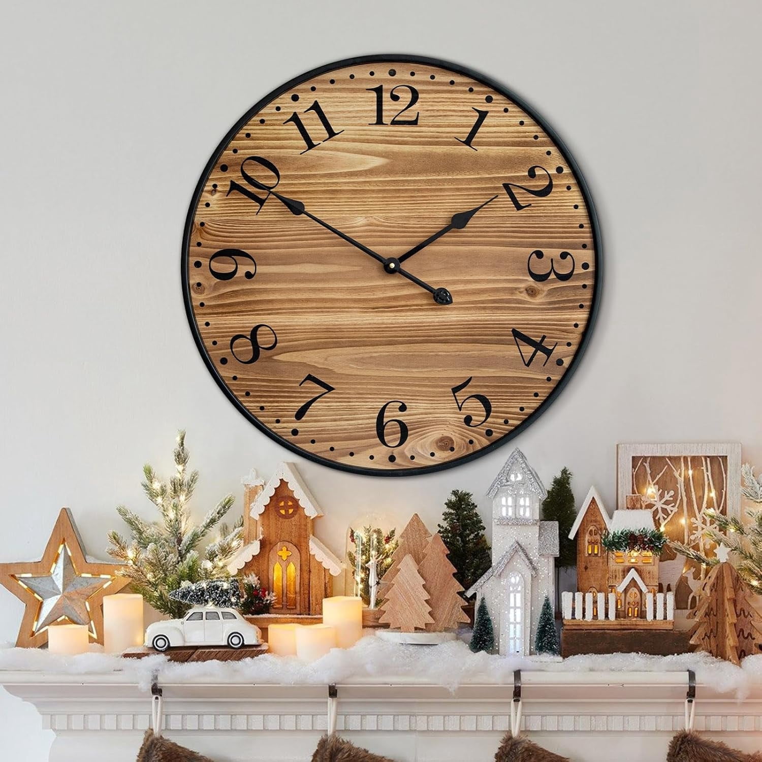 MODE HOME 24 Inch Large Farmhouse Wall Clock, Silent Non-Ticking Wood and Metal Decorative Clock, Rustic Dark Brown Round Wall Clock for Living Room, Kitchen, Bedroom