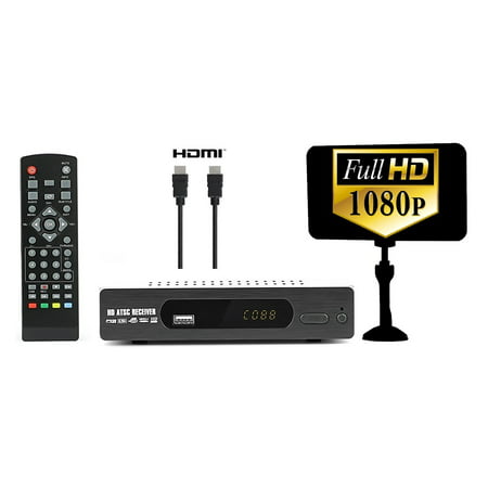 Digital Converter Box for TV + Flat Antenna + HDMI Cable for Recording & Viewing Full HD Digital Channels FREE (Instant & Scheduled Recording, DVR, 1080P, HDMI Output, 7Day Program Guide & LCD