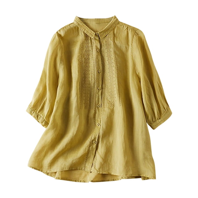 Womens Cotton Linen Tops Casual Embroidered Blouses Summer Loose Short Sleeve Button Down Shirts