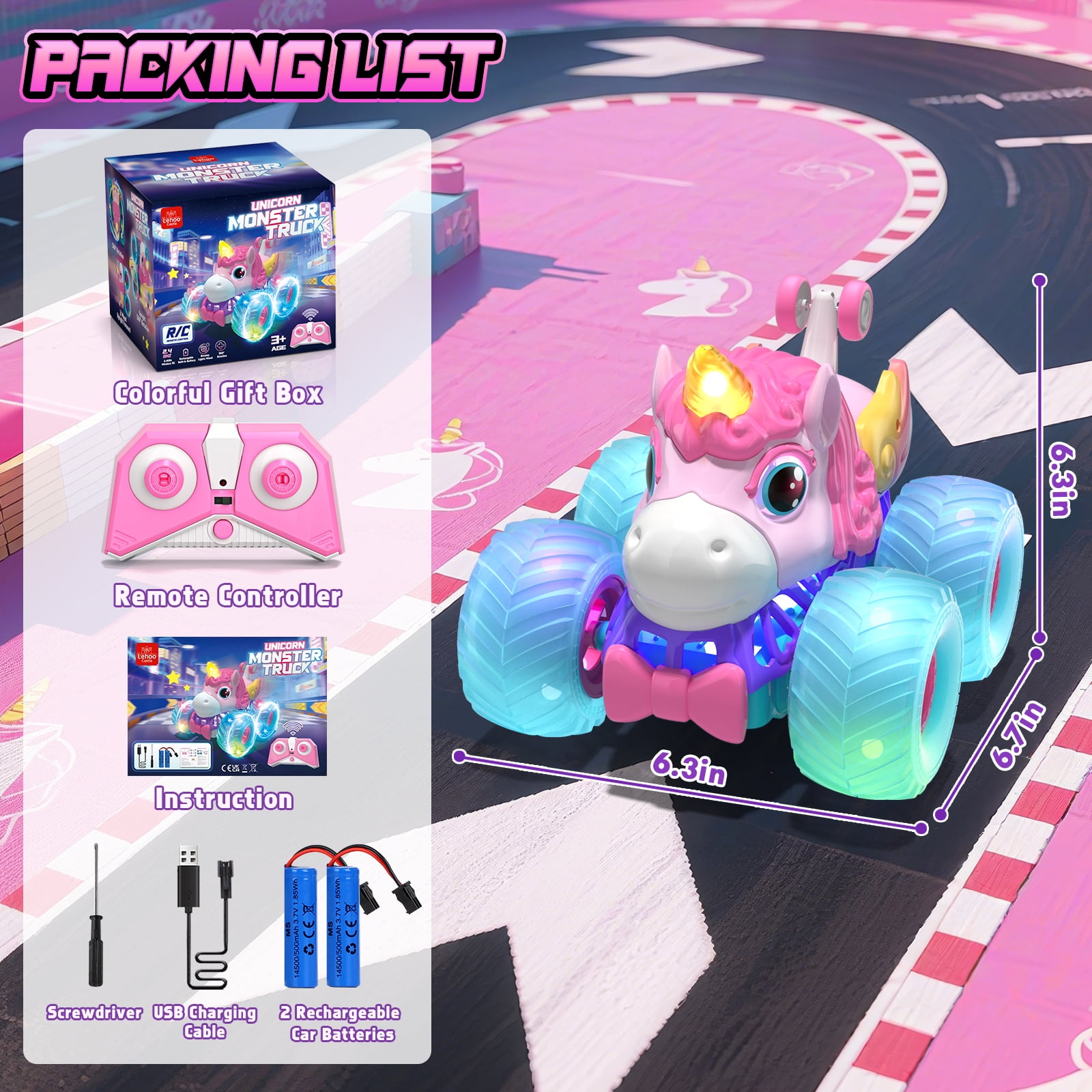 Unicorn Remote Control Cars for Girls, Remote Control Monster Truck for Girls, Pink Rc Stunt Car Unicorn Toys Cars with LED Lights for Girls Age 4 5 6 7 8 9 10 11 12