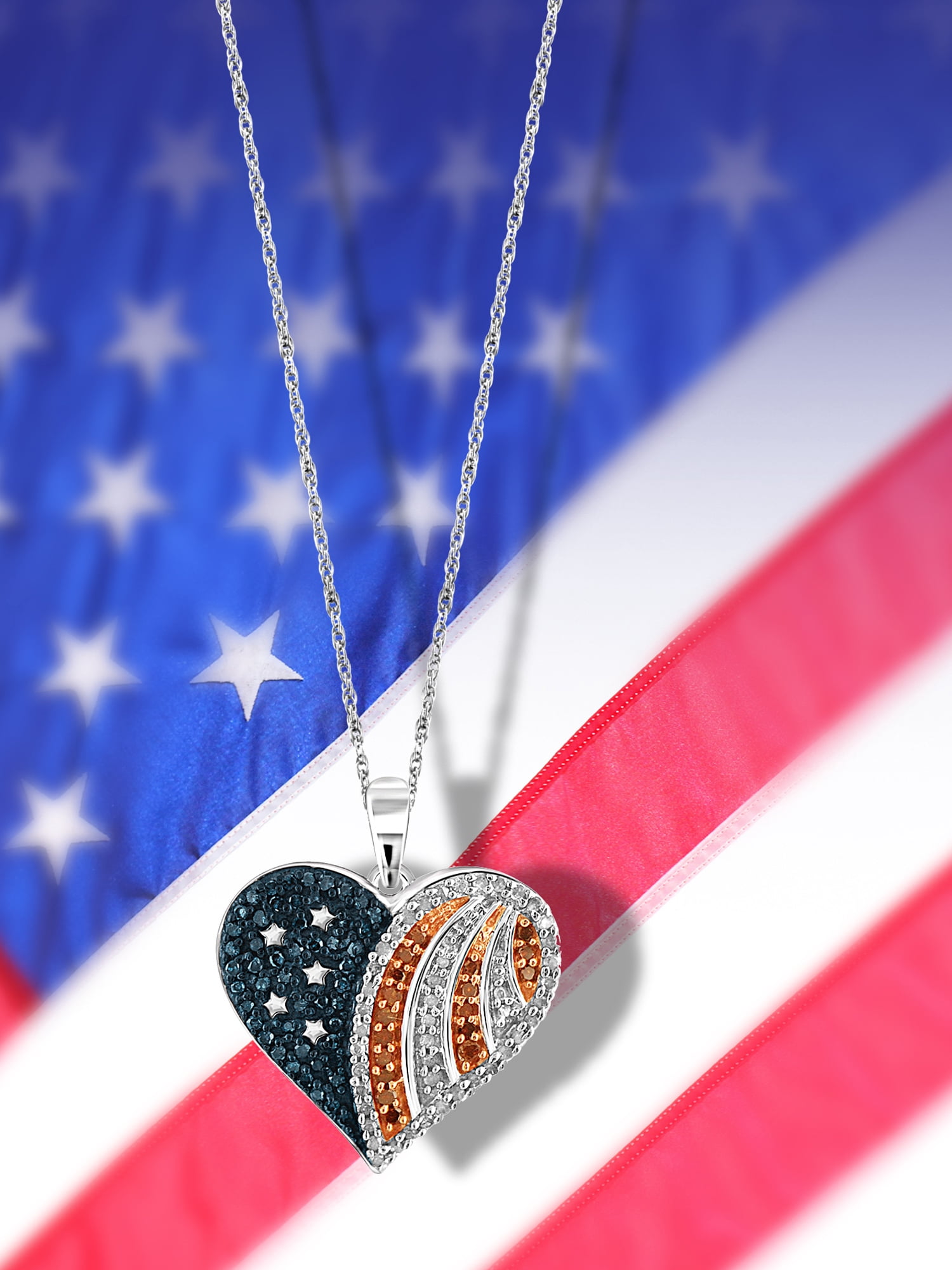 AsterOutdoor 925 Sterling Silver, Red, White and Blue Diamonds Jewelersclub American Flag Necklace Stars and Stripes Heart Pendant with Chain Genuine