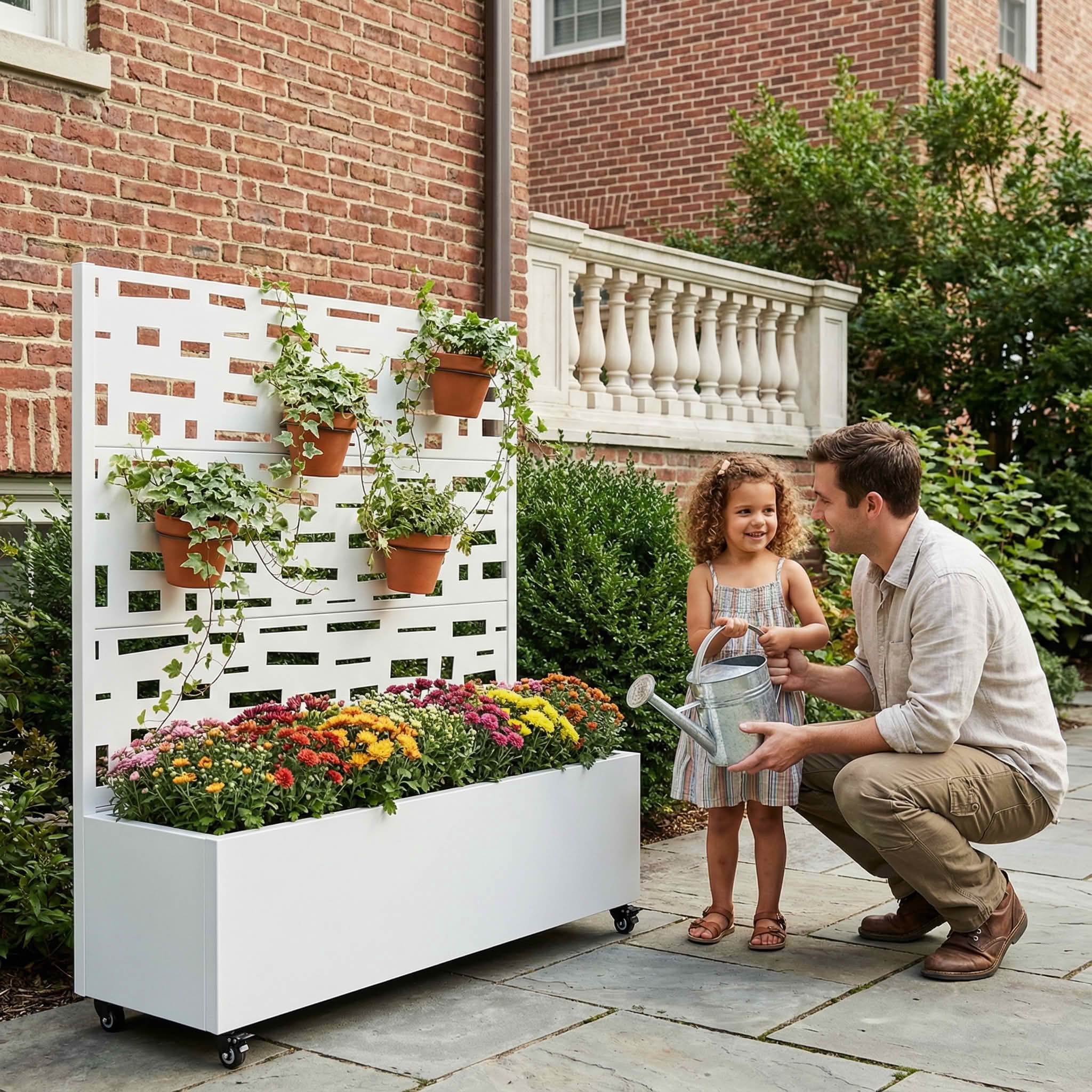 MAYEERTY 47X47" Metal Outdoor White Privacy Screen with Planter Box for Backyard & Garden, 3 Piece Set