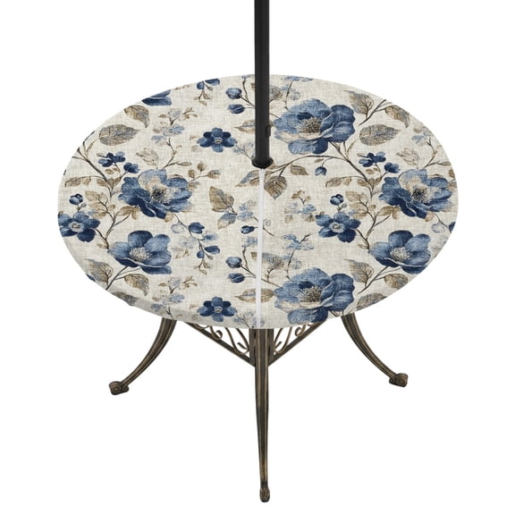 Navy Blue Floral Round Outdoor Tablecloth with Umbrella Hole Zipper, Beige Vintage Farmhouse Botanical Leaves Elastic Fitted Table Cover, Waterproof Table Cloth for Patio Picnic Party Fits 31"-35"