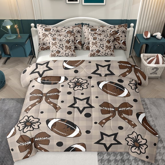 Homewish Kawaii Brown Bowknot Twin Bedding Sets 7-Piece for Kids, Cartoon Stars Flower Bedding Comforter Set, Rugby Football Lover Reversible Sheet Sets, Breathable Home Decor