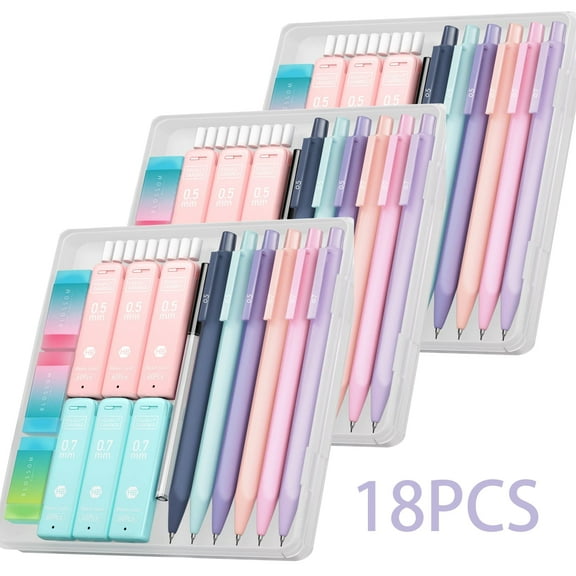 Four Candies Cute Mechanical Pencil Set, 18PCS Pastel Mechanical Pencils 0.5 & 0.7mm With HB Leads, Erasers And Eraser Refills, Aesthetic Supplies for Writing
