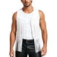 thumbnail image 2 of YFNNUP Men's Casual Suede Top Shirt Western Cowboy 70s Hippie Fringe Trim Open Front Cardigan Tassels Sleeveless Vest Jacket Waistcoat White,S, 2 of 6