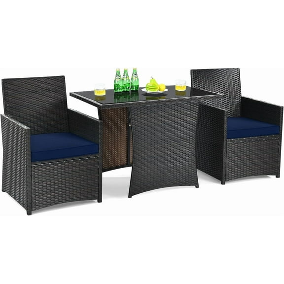 DORTALA 3 Pieces Patio Dining Set, Outdoor Rattan Bistro Set with Cushions, Tempered Glass Tabletop, Wicker Conversation Set for Garden Backyard Poolside Porch, Navy