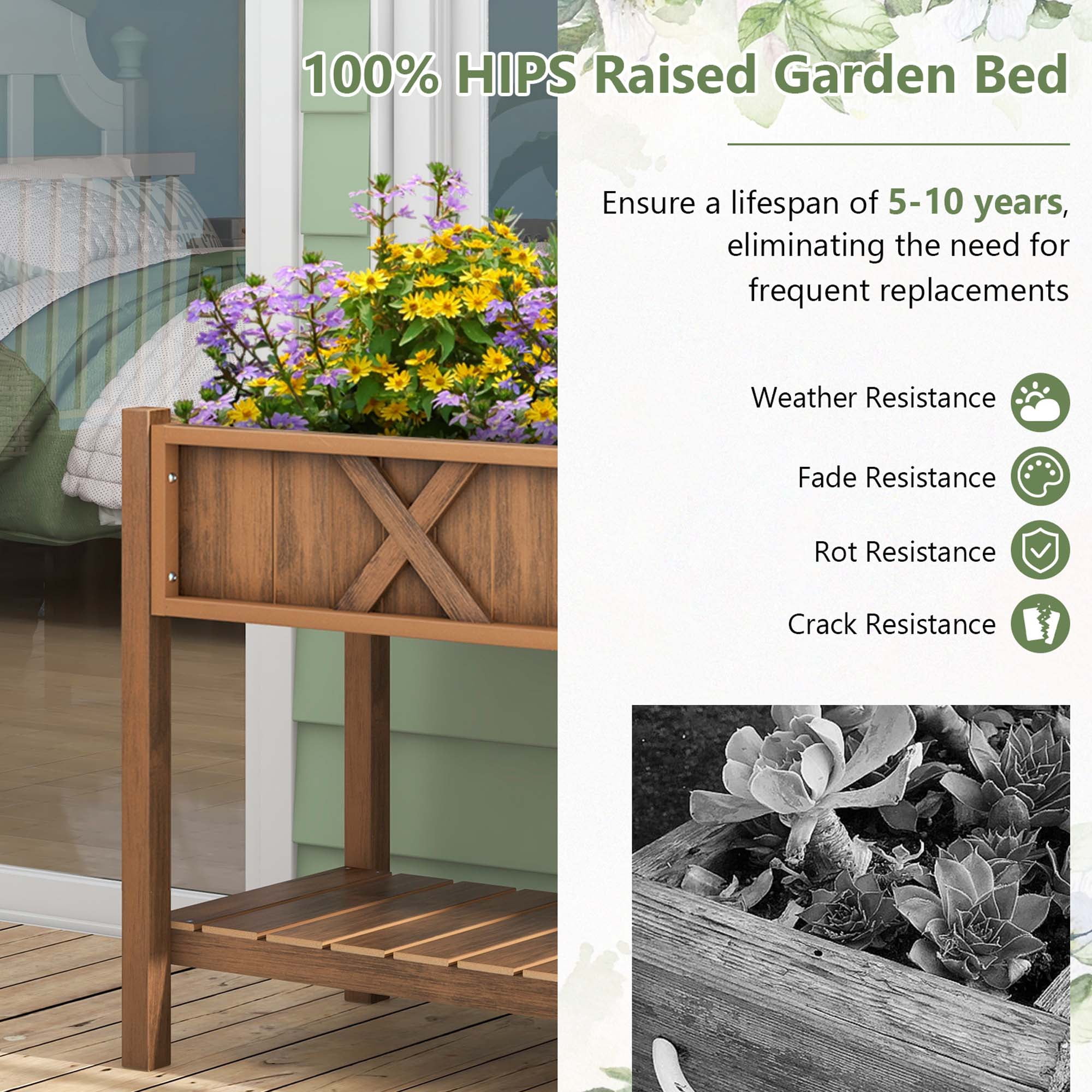 Costway HIPS Raised Garden Bed Poly Wood Elevated Planter Box with Legs, Storage Shelf Coffee