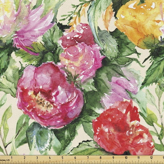 Ambesonne Vintage Fabric by the Yard Upholstery, Peony Rose Flowers Pattern, 5 Yards, Dark Orange Fern Green