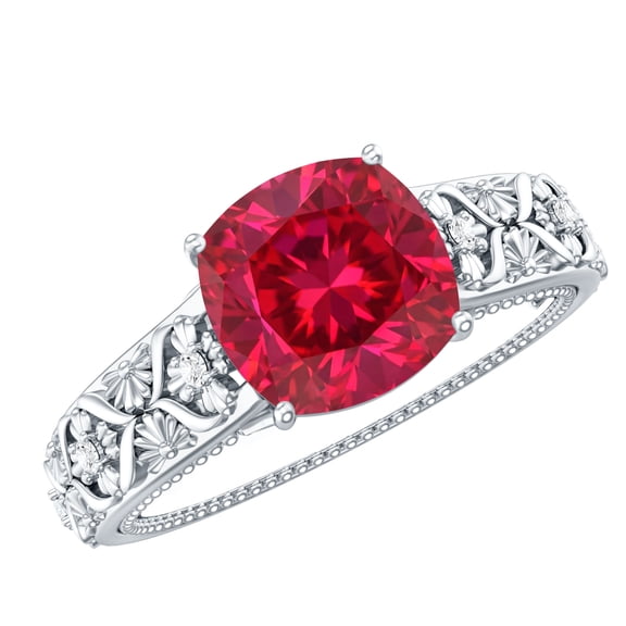 Rosec Jewels Lab Grown Ruby Cushion Cut Engagement Ring with Diamond - Vintage Style Ring - 2 Carat - AAAA Quality Certified, 925 Sterling Silver, US 4.00