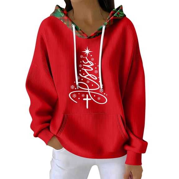 Women's Fashion Casual Christmas Print Pullover Long-Sleeve Sweatshirt with JESUS Design for Holiday Season and Comfortable Wear,Red,M