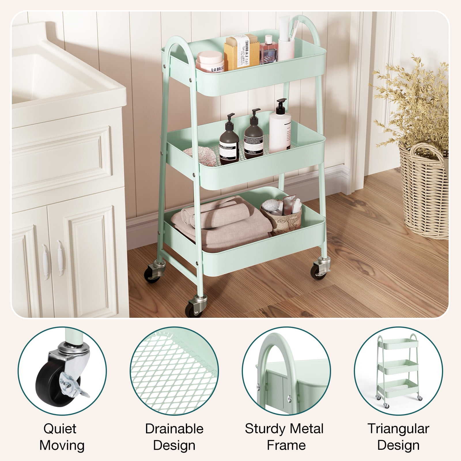 ZUNMOS 3 Tier Rolling Cart, Metal Utility Storage Cart with Lockable Wheels for Livingroom, Bathroom, Kitchen & Narrow Spaces,Green