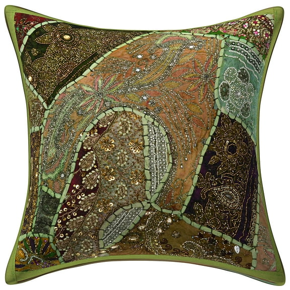 Stylo Culture Ethnic Sofa Throw Pillow Cover 16x16 Beaded Sequins Parrot Green Bohemian 40x40 cm Patchwork Cotton Embroidered Square Cushion Cover | 1 Pc