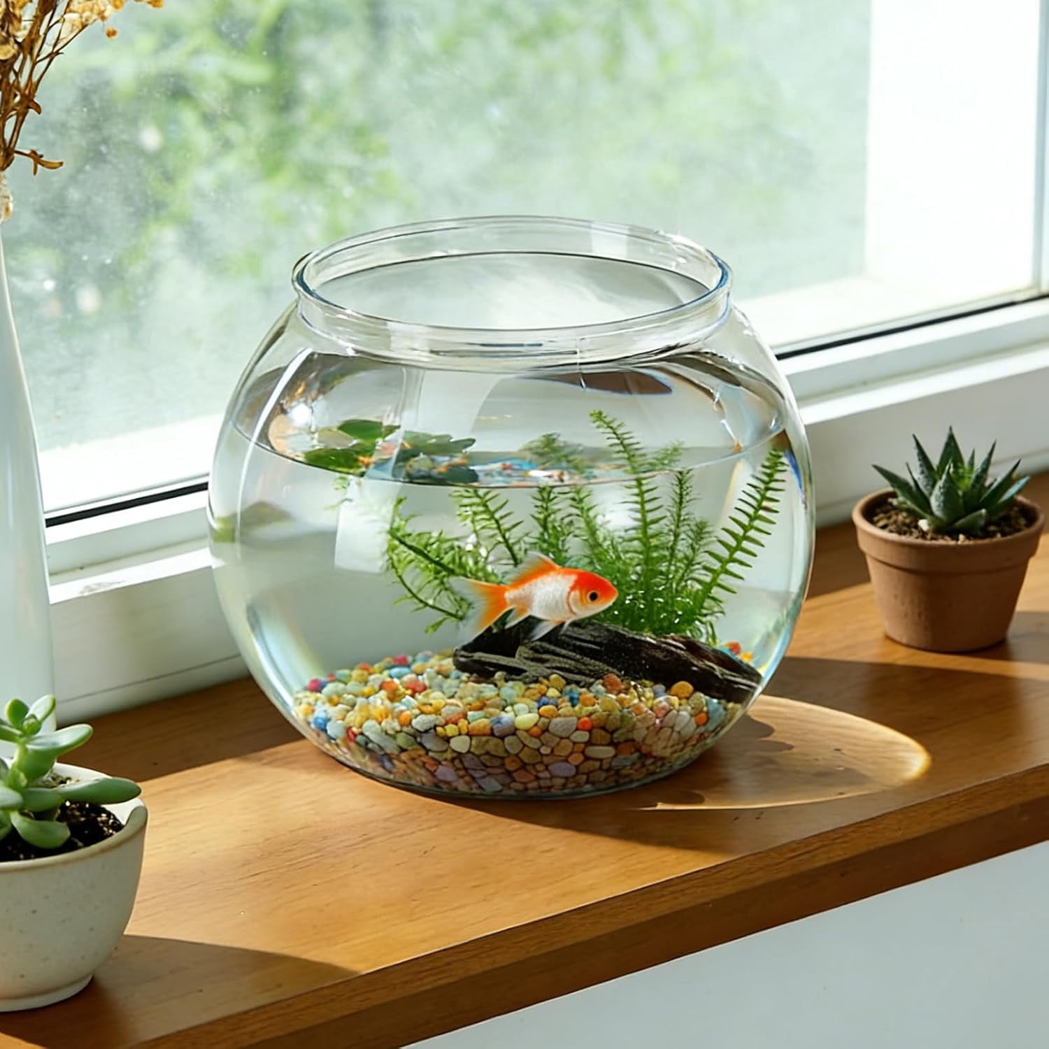 Plastic Goldfish Fish Bowl Drum Round Crystal Clear Aquarium Fish Tank Starter Kits with 1 Artificial Aquatic Plant and 1 Bag Mini Ornamental Stones (0.72Gallon/ 2.75L)