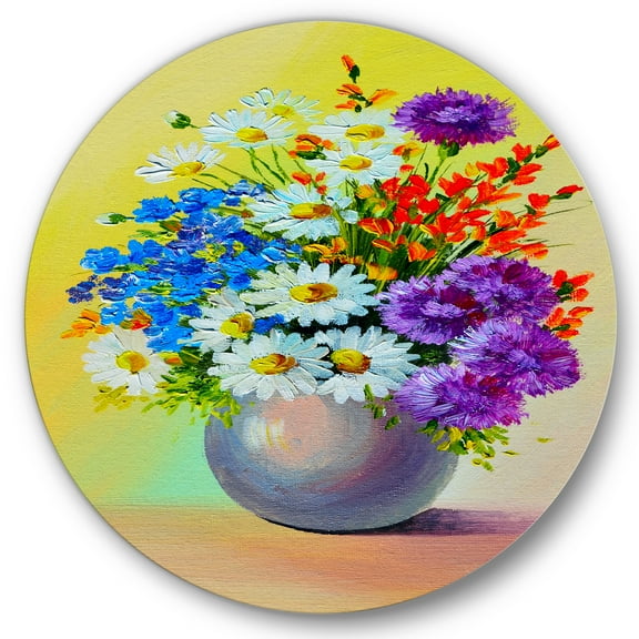 Designart 'Still Life A Bouquet Of Red Blue & White Flowers' Traditional Circle Metal Wall Art 36x36 - Disc of 36
