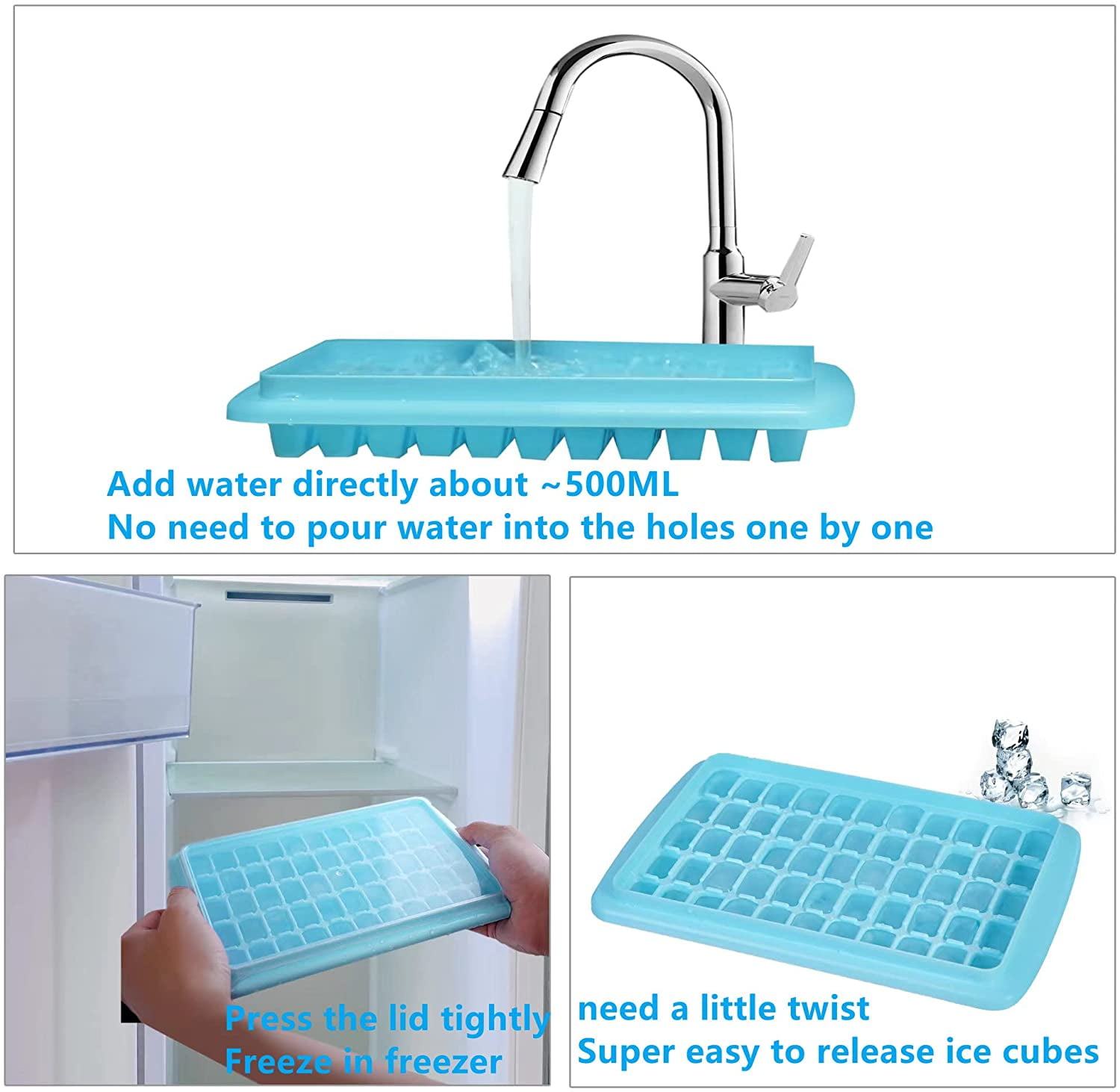 Ice Cube Tray with Lid and Bo - Ice Cube Mold for Refrigerator BPA Free Ice Container with Spoon and Lid Blue Green Powder (Green+110)