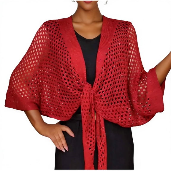 Women's Crochet Knit Shrug Hollow Out Mesh Tie-Front Cardigan for Summer Layering