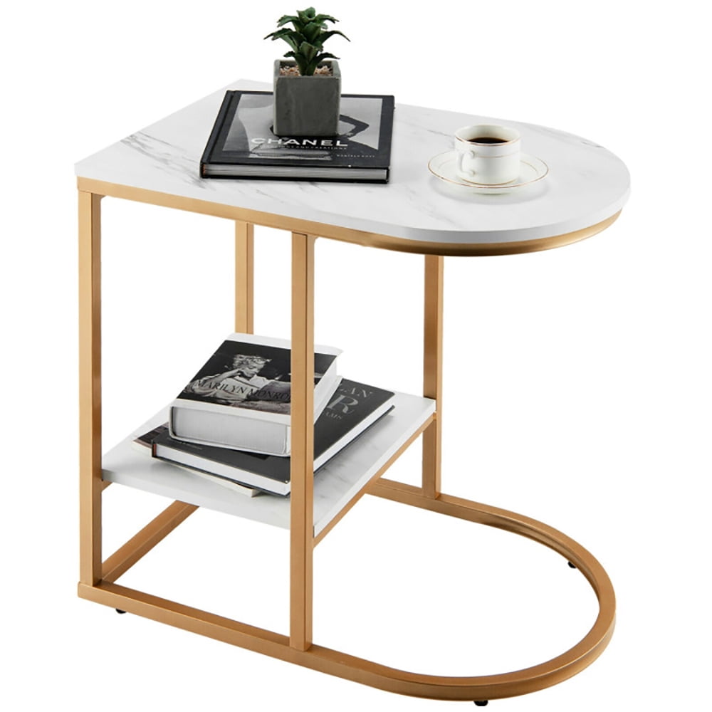 Finihen Side Table, C-shaped Side Table with Faux Marble Tabletop and Golden Steel Frame, Sofa Side Table, Bed Side Table, for Living Room, Bedroom, White