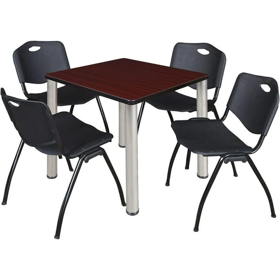 Homestock Art Deco Dreams 30" Square Lounge Table Mahogany/ Chrome With 4 'M' Nesting Chairs, Black - Ergonomic Breakroom Furniture Set For Staff Break Room, Tables & Chair, Breakroom Set