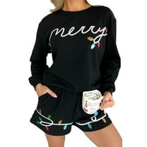 Women's Black Sequin Merry Graphic Pullover and Shorts Outfit - [ZhiHiMeRi] | (US 12-14)L