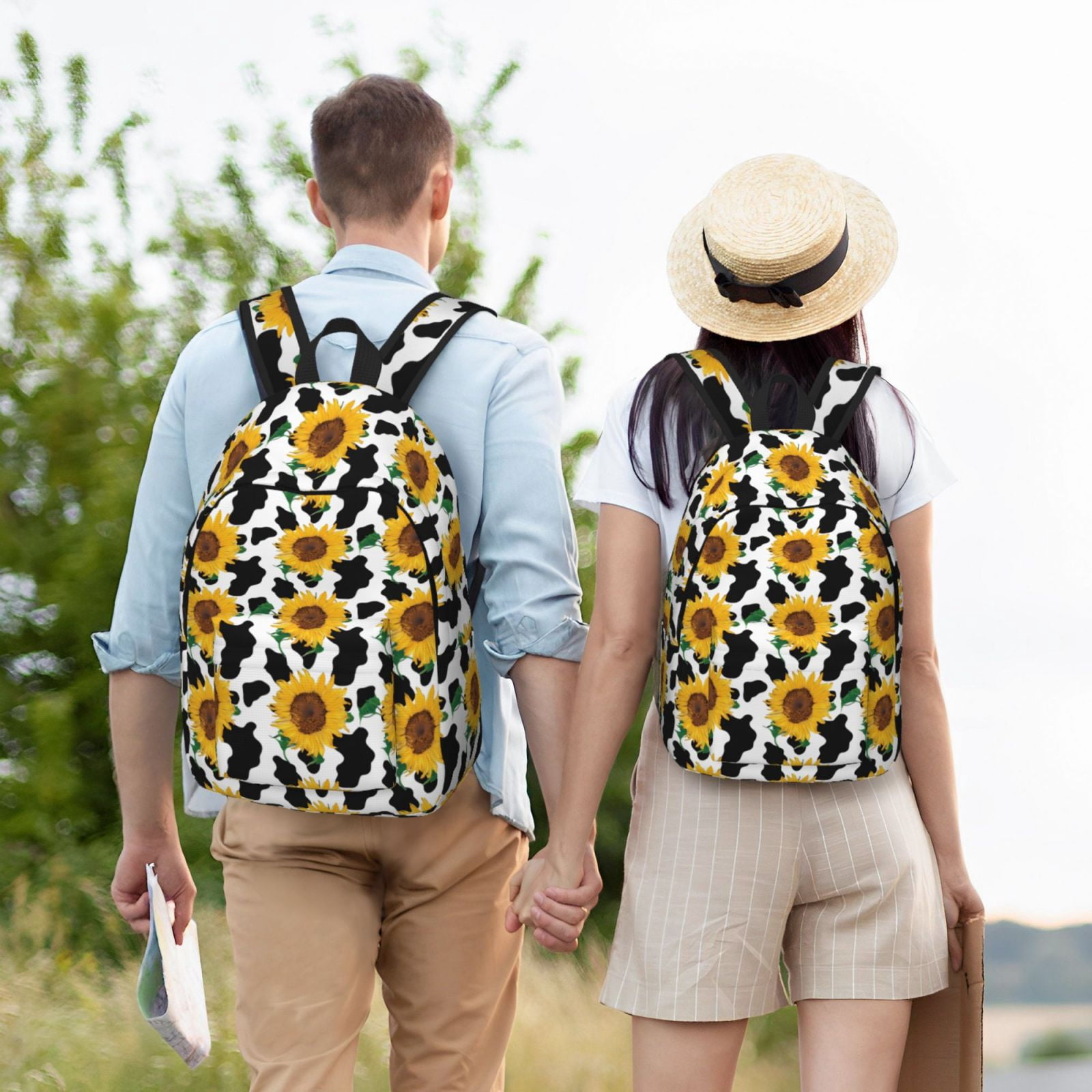 Vsdgher Cute Cow Print Sunflower B Print Canvas Backpack Travel Rucksack Unisex Knapsack 15.7/17.7Inch Laptop Backpack for Work,College -Small