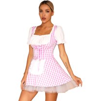 iixpin Womens Ruffle Apron Gingham Dress Miss Muffet Maid Cosplay Dress Halloween Sweetheart Costume Pink XXL