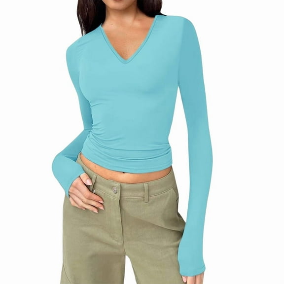 Trendy Long Sleeve Shirts for Women Fall Fashion V Neck Crop Slim Fitted Y2K Tops Outfits Clothes Light Blue L