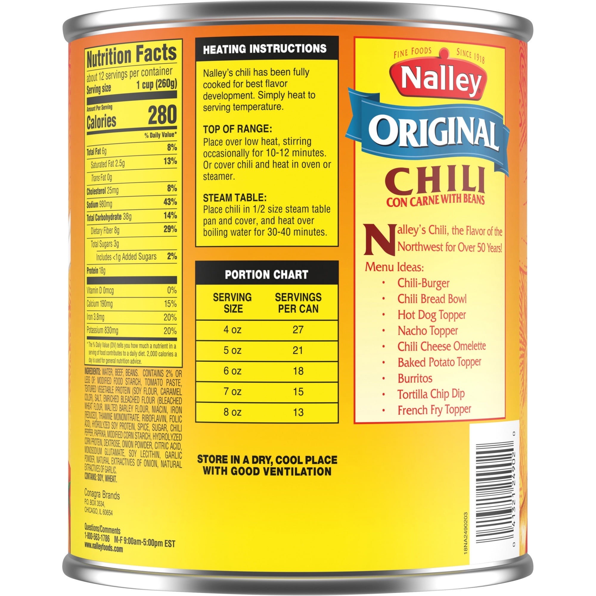 Nalley Chili Con Carne With Beans and Cheese, Family Size, 106 oz.
