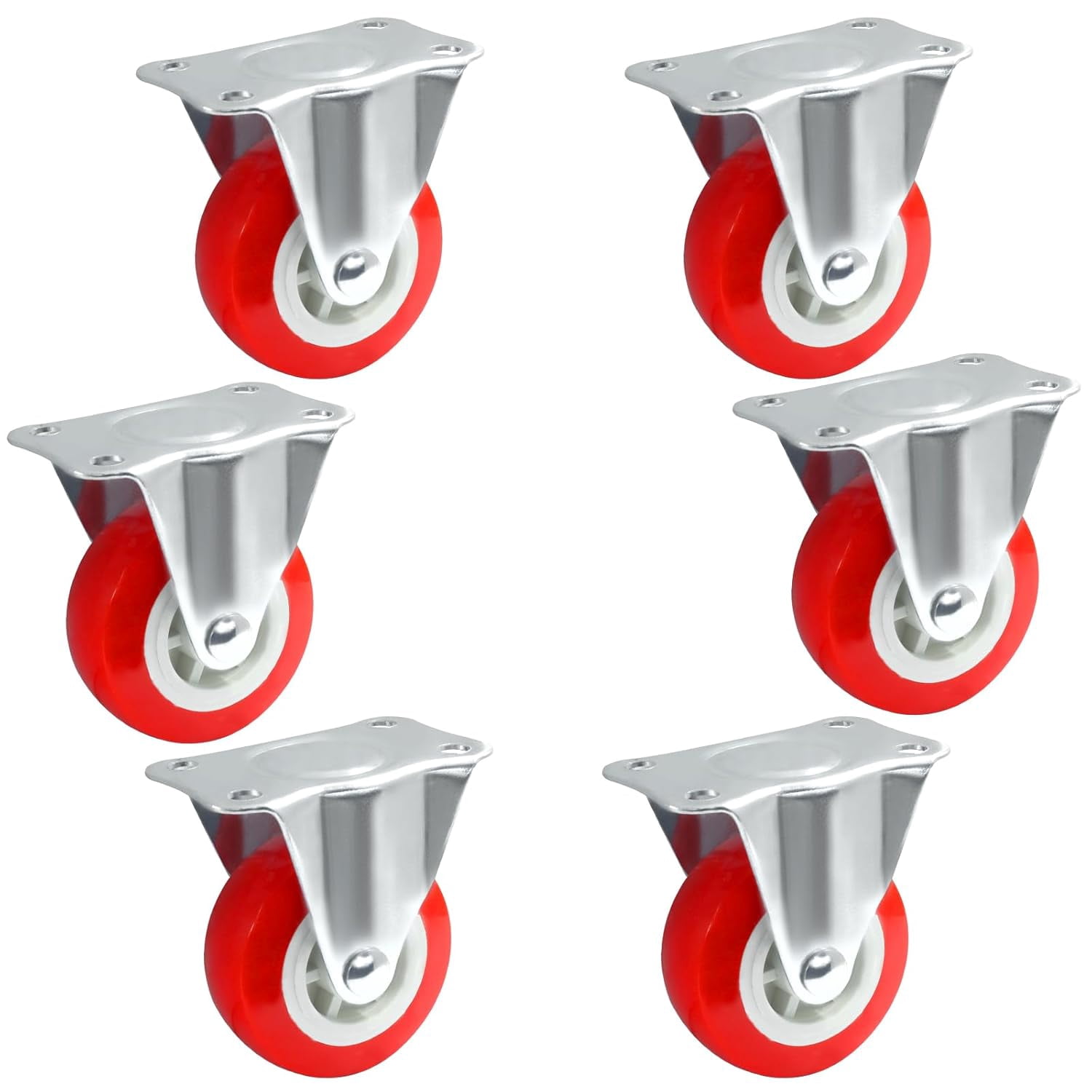 FRKSMD-6 Pack Rigid No-Swivel Plate Caster Wheels, 2 inch Hard Rubber Caster Wheels with Screws, Red Plate Casters for Furniture, Workbench
