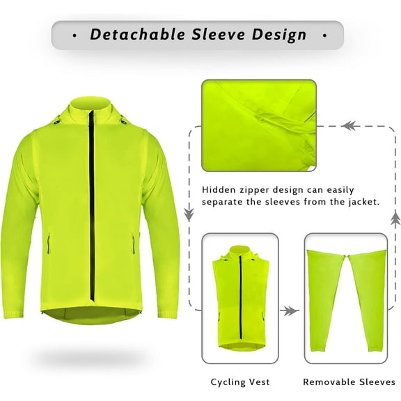 Dooy Men's Cycling Jacket with Detachable Sleeves Windbreaker Jackets Windproof Running Vest Lightweight and High Visibility