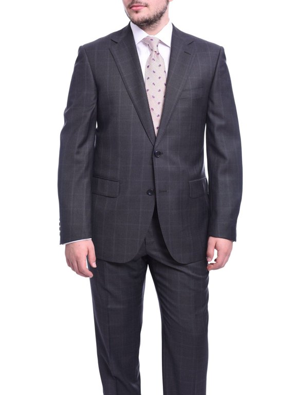 Classic Fit Gray Windowpane Plaid Half Canvassed Reda Wool Suit